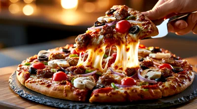 Hand Lifting A Slice Of Cheesy Pizza