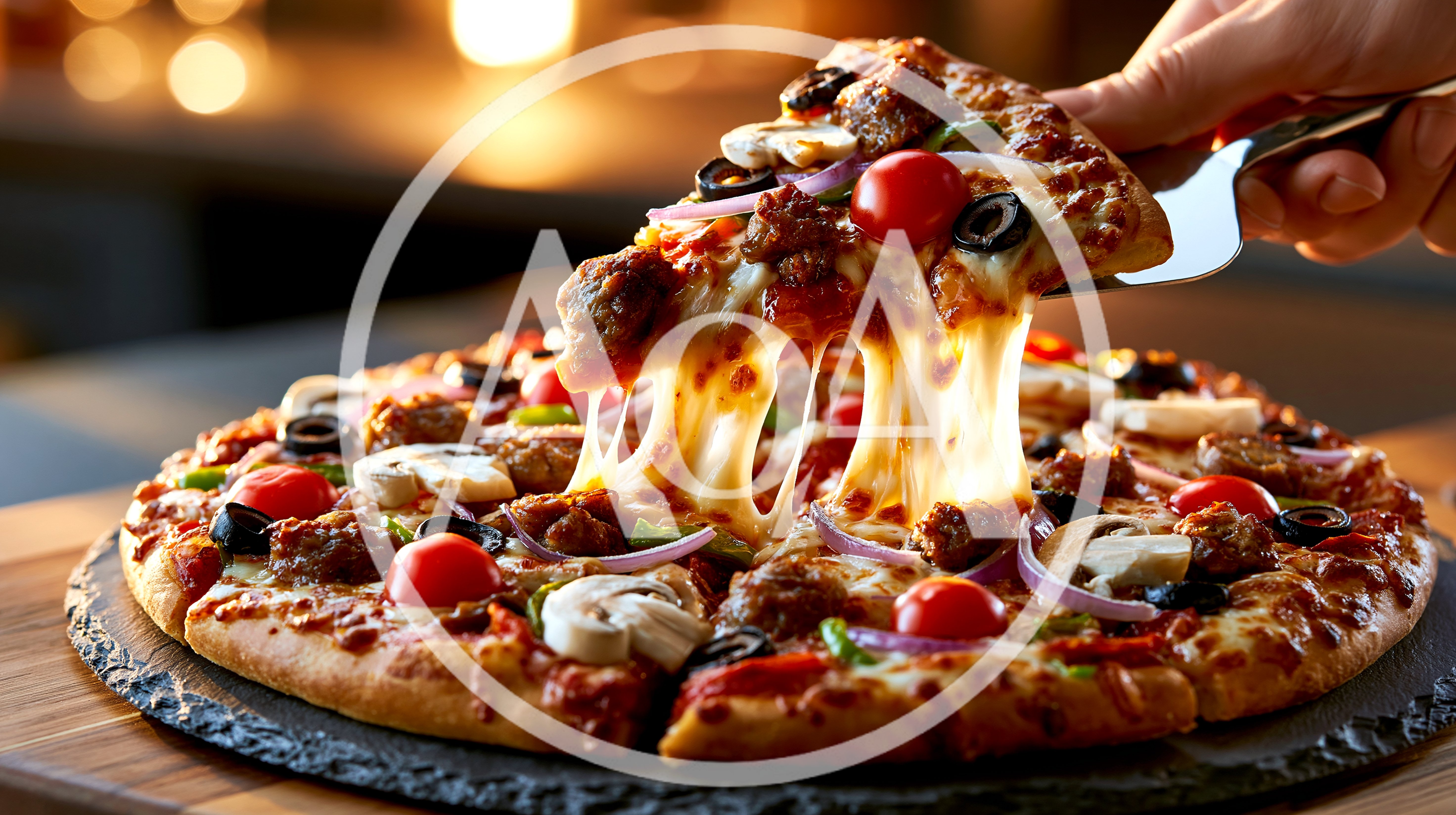 Hand Lifting A Slice Of Cheesy Pizza