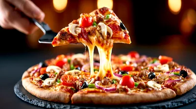 Hand Lifting A Slice Of Freshly Baked Pizza