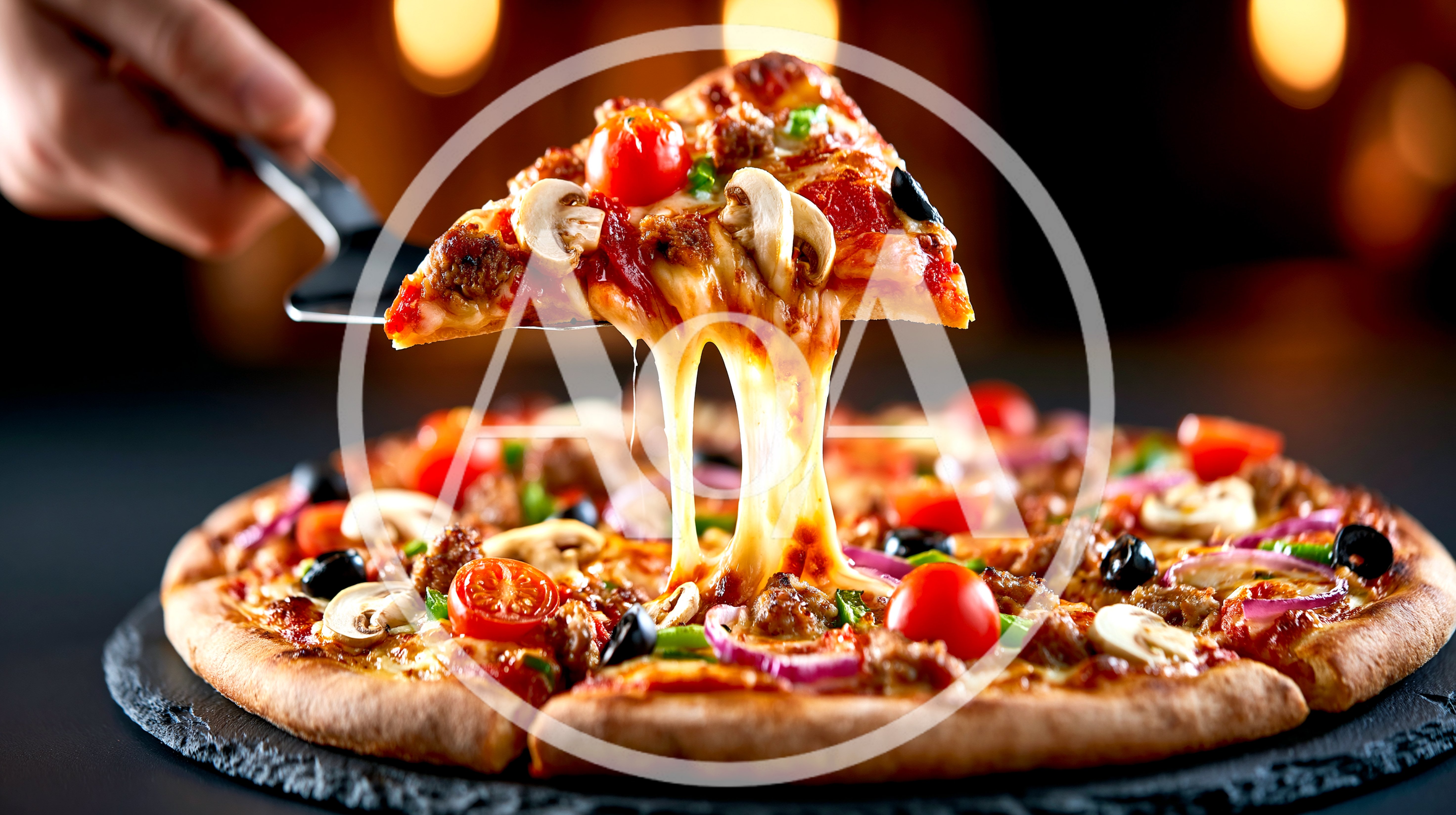 Hand Lifting A Slice Of Freshly Baked Pizza