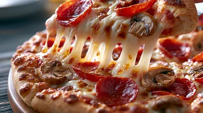 Pepperoni And Mushroom Pizza Slice With Melting Cheese
