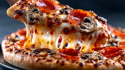 Slice Of Pepperoni And Mushroom Pizza With Melting Cheese