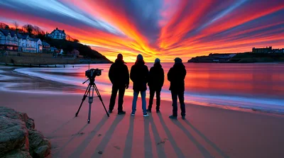 Four Photographers Standing On Beach At Sunset