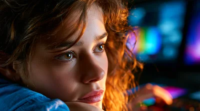 Young Woman Looking At Computer Screen In Dark Room
