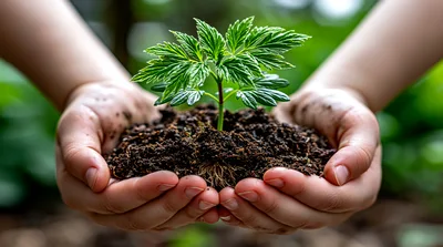 Hands Holding A Small Green Plant In Soil
