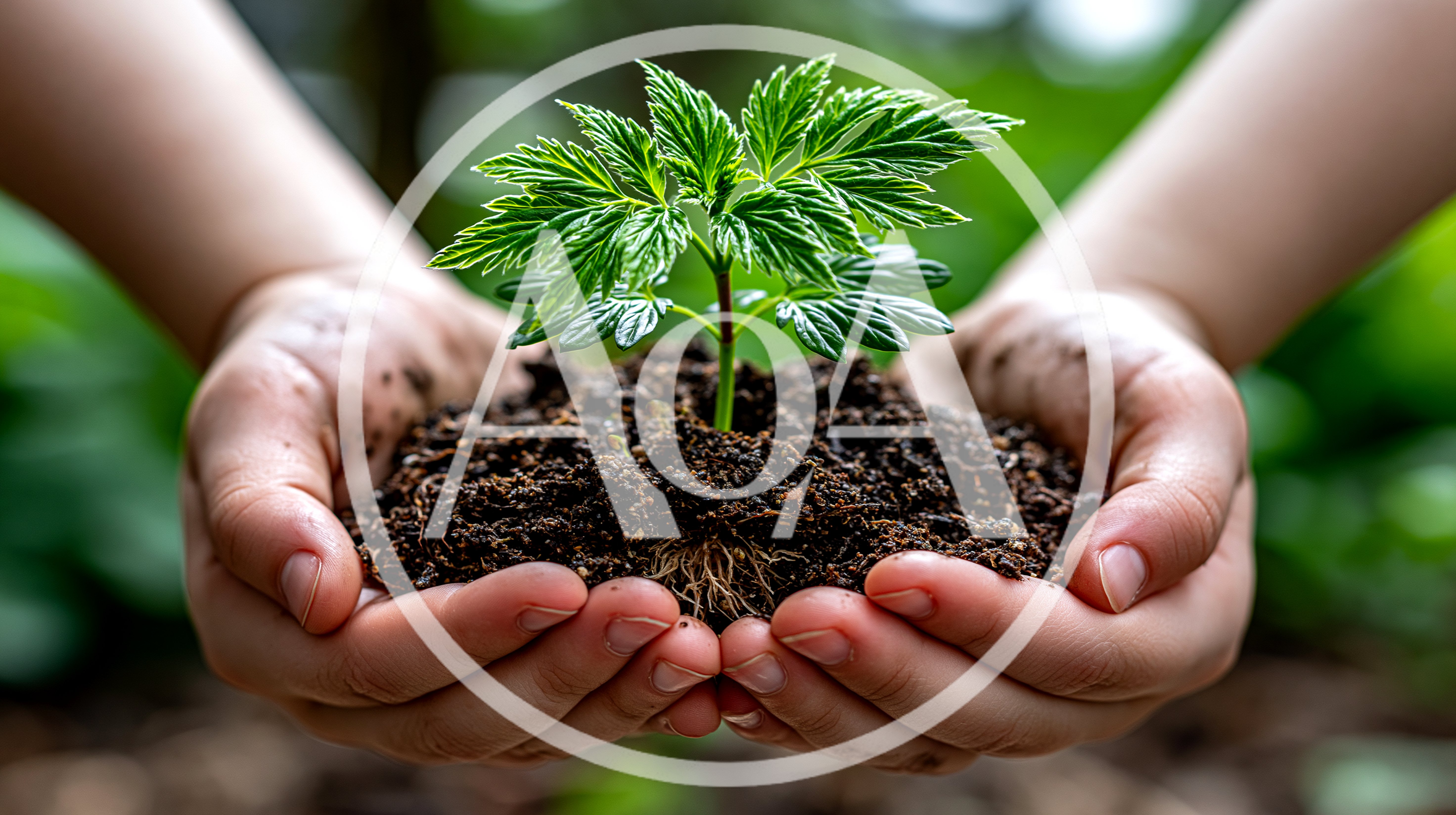 Hands Holding A Small Green Plant In Soil