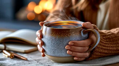 Person Holding A Warm Ceramic Mug Of Coffee