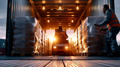 Warehouse Worker Loading Pallets With Forklift Into Truck