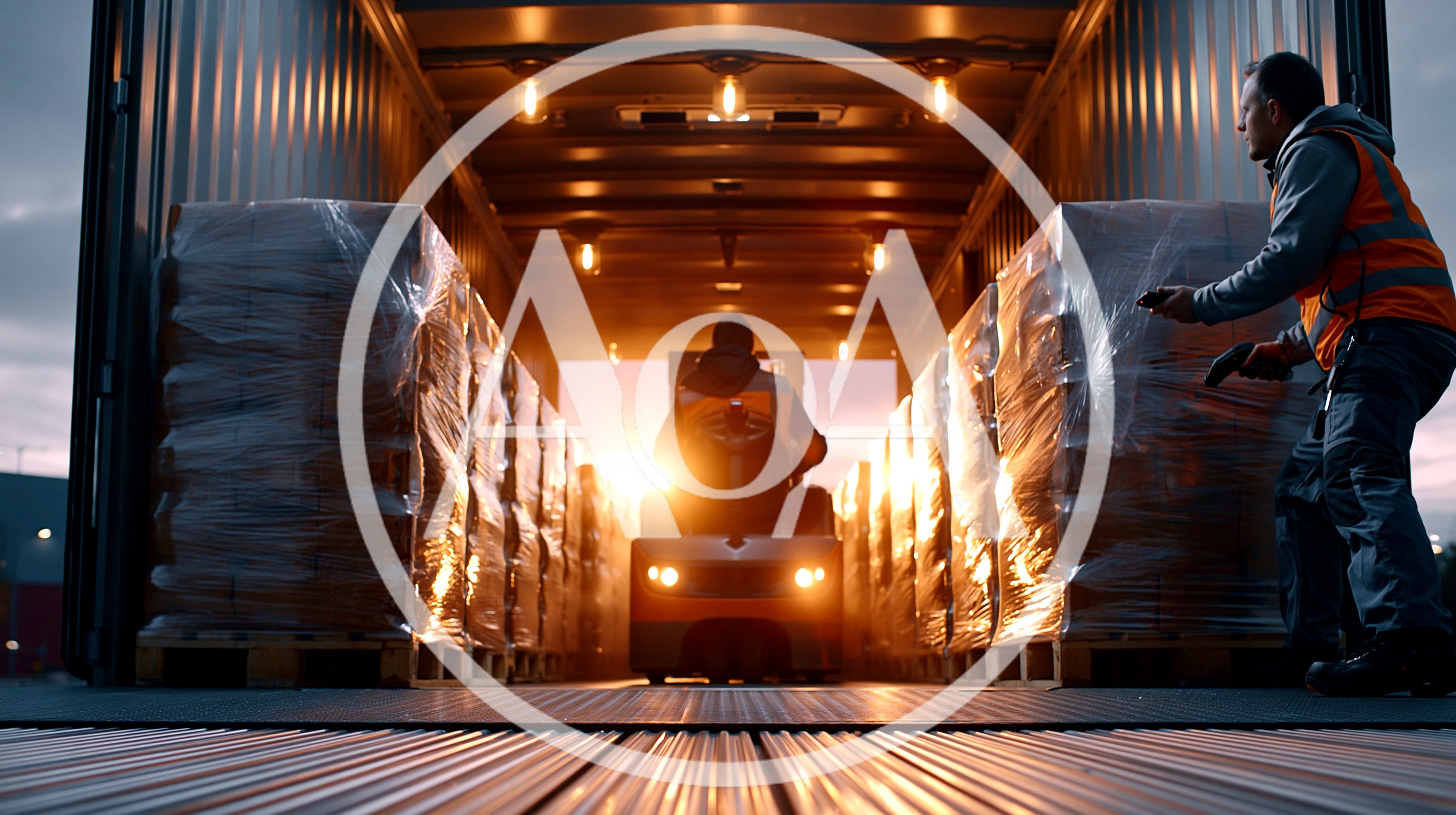 Warehouse Worker Loading Pallets With Forklift Into Truck