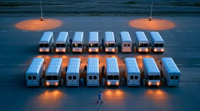 Aerial View Of Delivery Trucks Parked In Rows