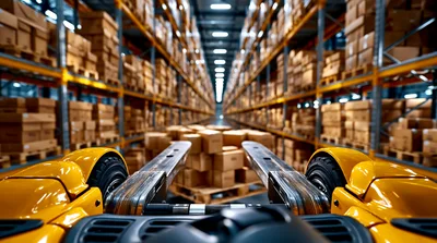 First Person View Of Forklift Driving Through Warehouse