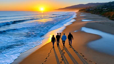 Four People Walking Along Beach At Sunset