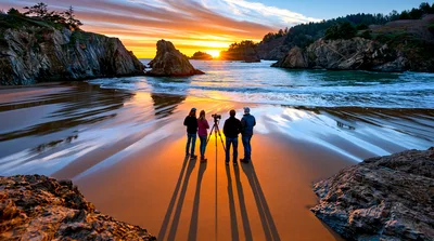 Photographers Capturing Sunset At A Scenic Coastal Beach