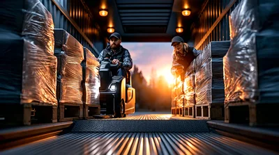 Warehouse Workers Loading Pallets Into A Shipping Container