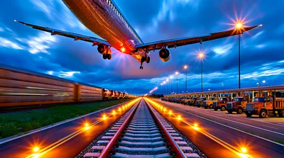 Airplane Flying Over Freight Train And Parked Trucks