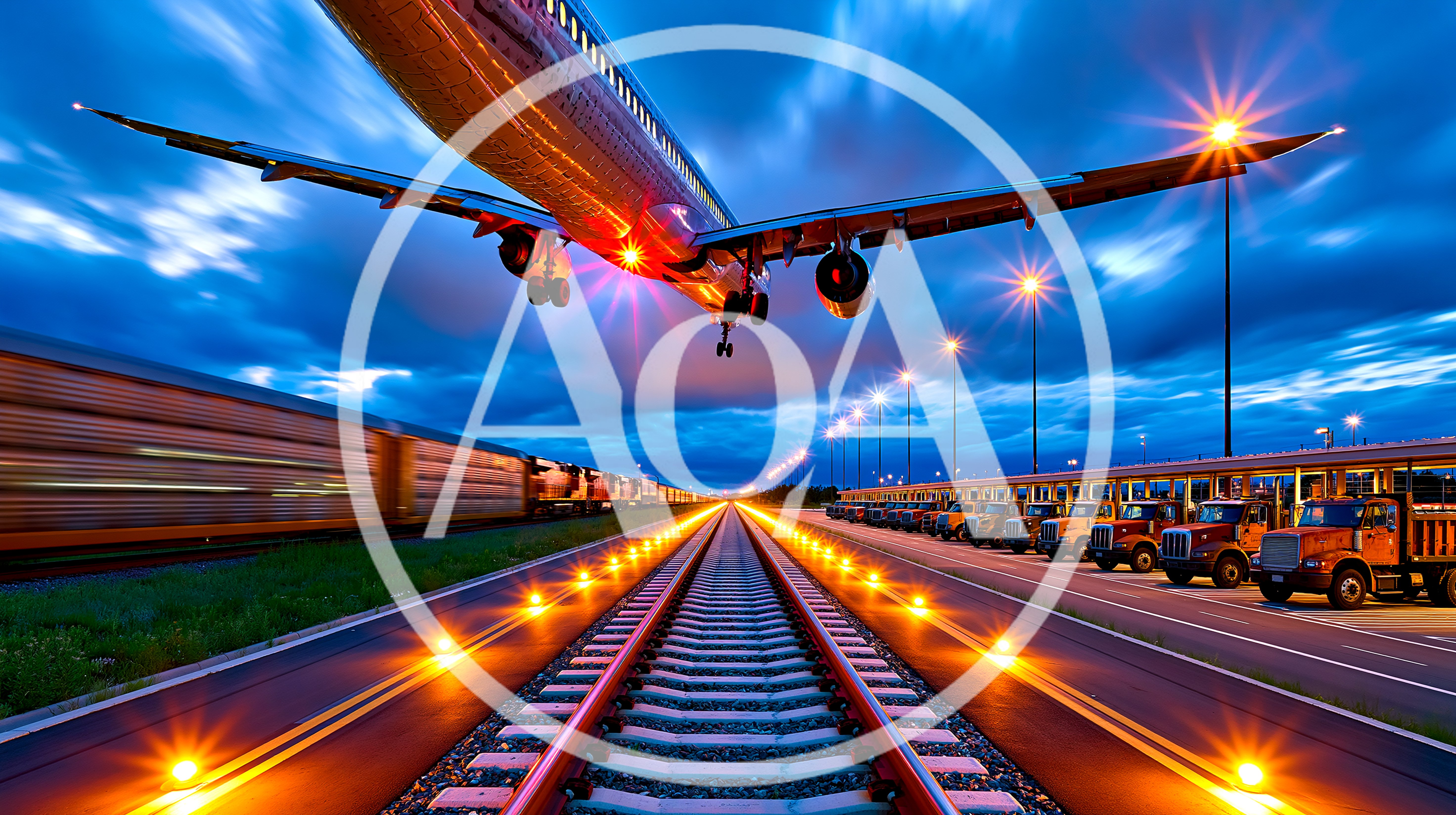 Airplane Flying Over Freight Train And Parked Trucks