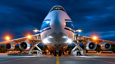 Antonov An-124 Cargo Aircraft Parked At Night
