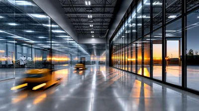 Modern Warehouse Interior With Forklift And Workers