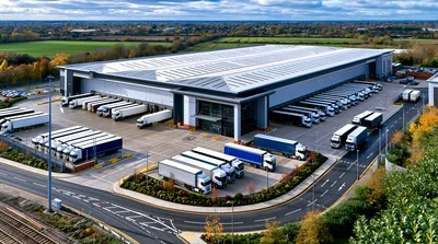 Aerial View of Large Logistics Warehouse Distribution Center