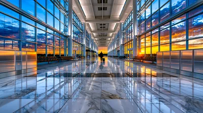 Lone Traveler Walking Through Modern Airport Terminal At Sunset
