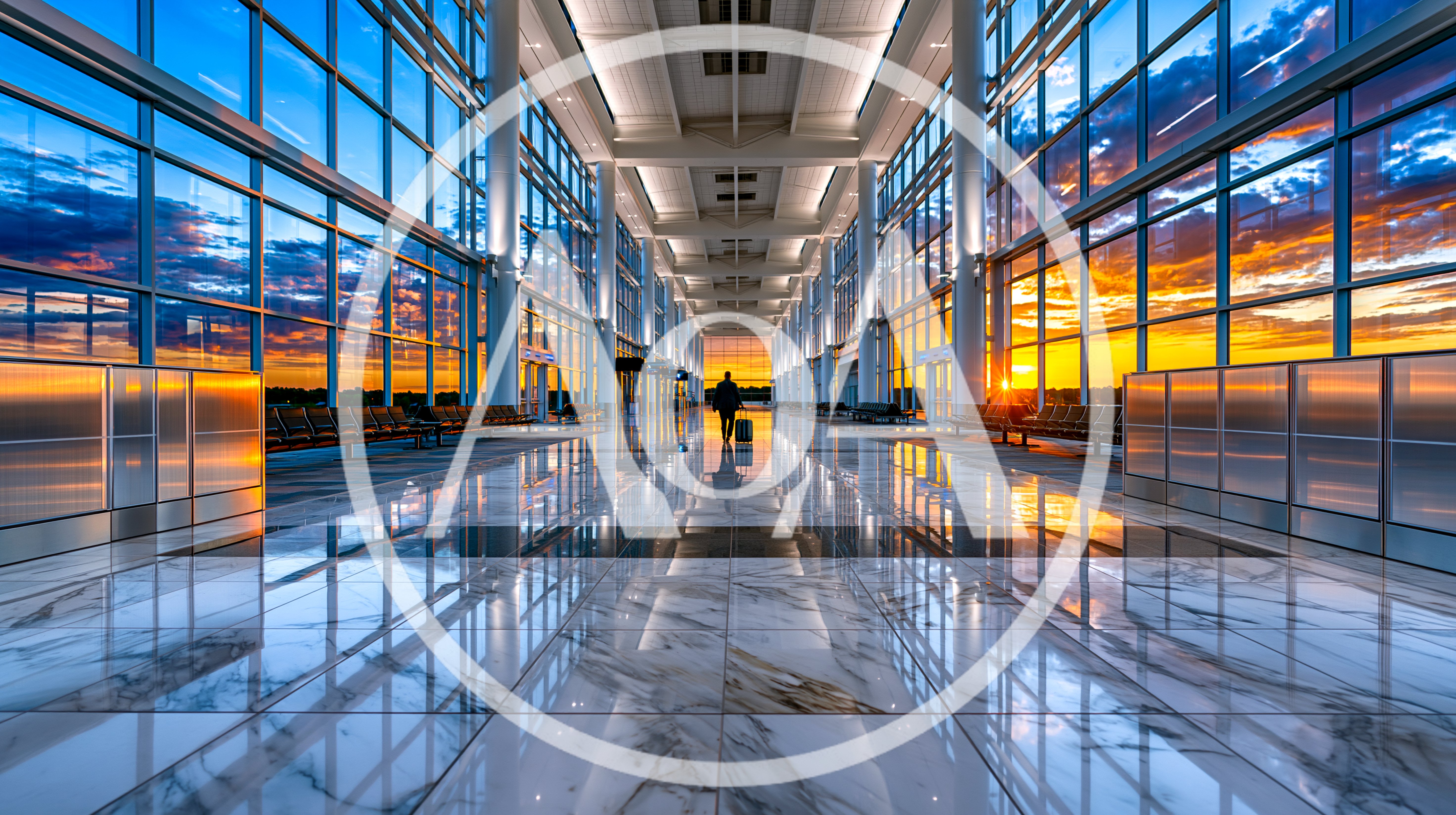 Lone Traveler Walking Through Modern Airport Terminal At Sunset