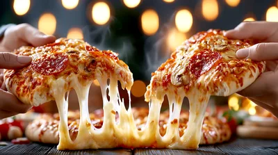 Two People Pulling Apart A Hot Cheesy Pizza Slice