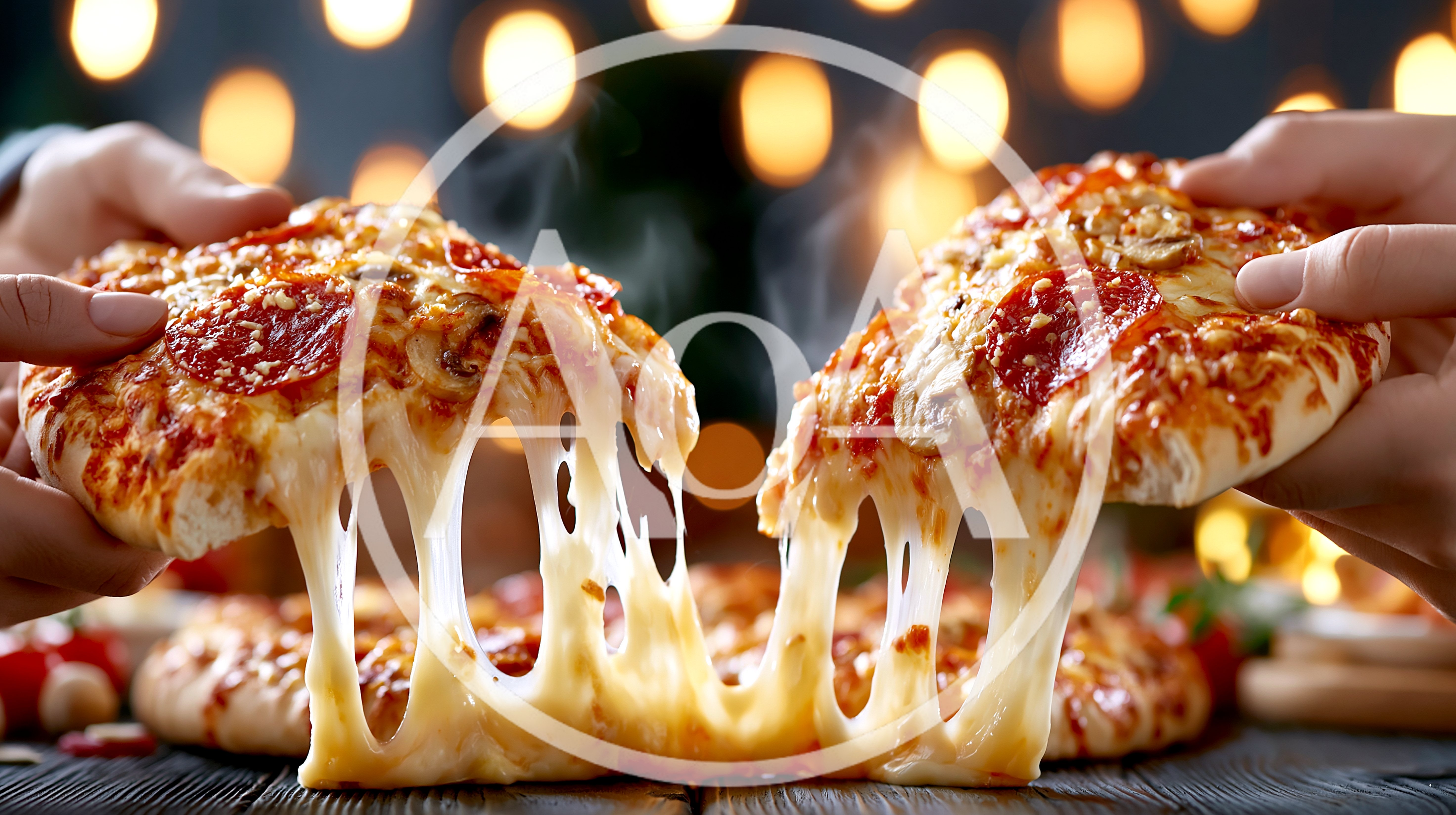Two People Pulling Apart A Hot Cheesy Pizza Slice