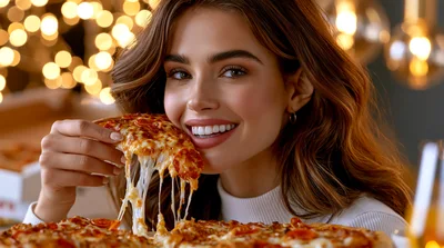 Young Woman Eating A Slice Of Pepperoni Pizza