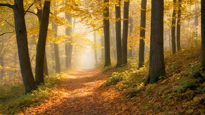 Golden Autumn Forest Path With Morning Mist