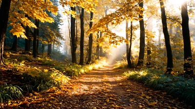 Golden Autumn Forest Path With Sunbeams