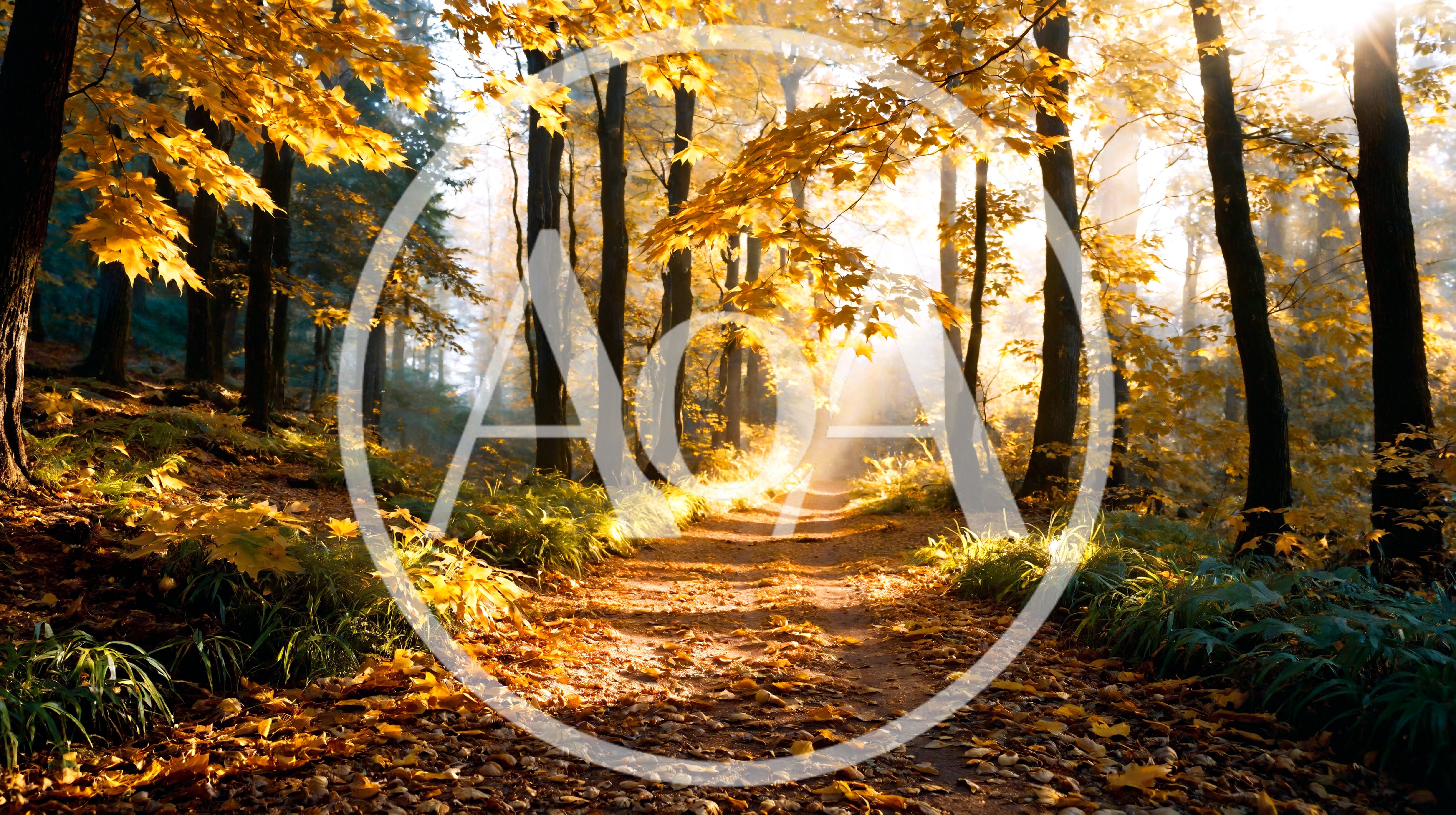 Golden Autumn Forest Path With Sunbeams