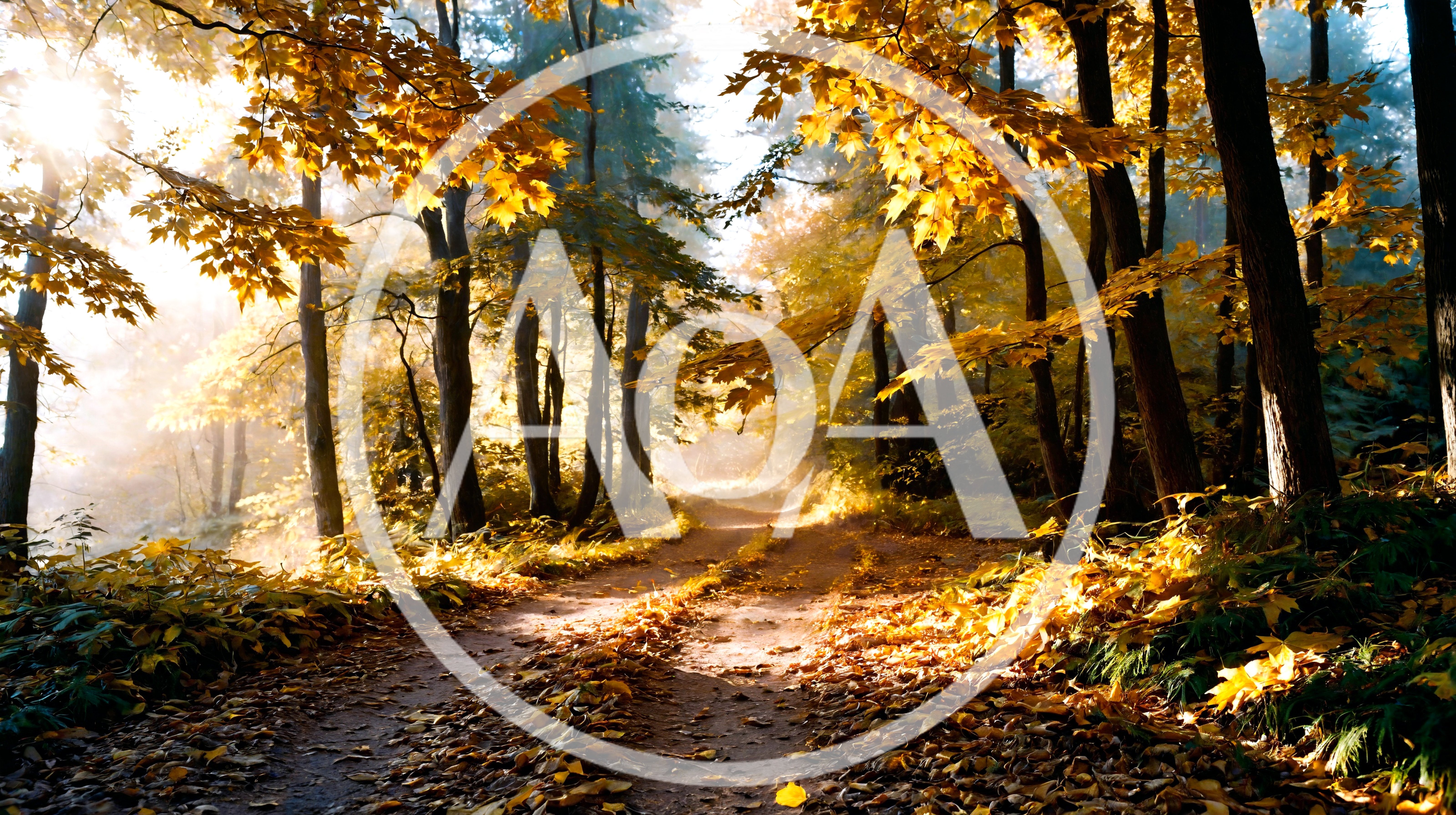 Golden Autumn Forest Path With Sunlight