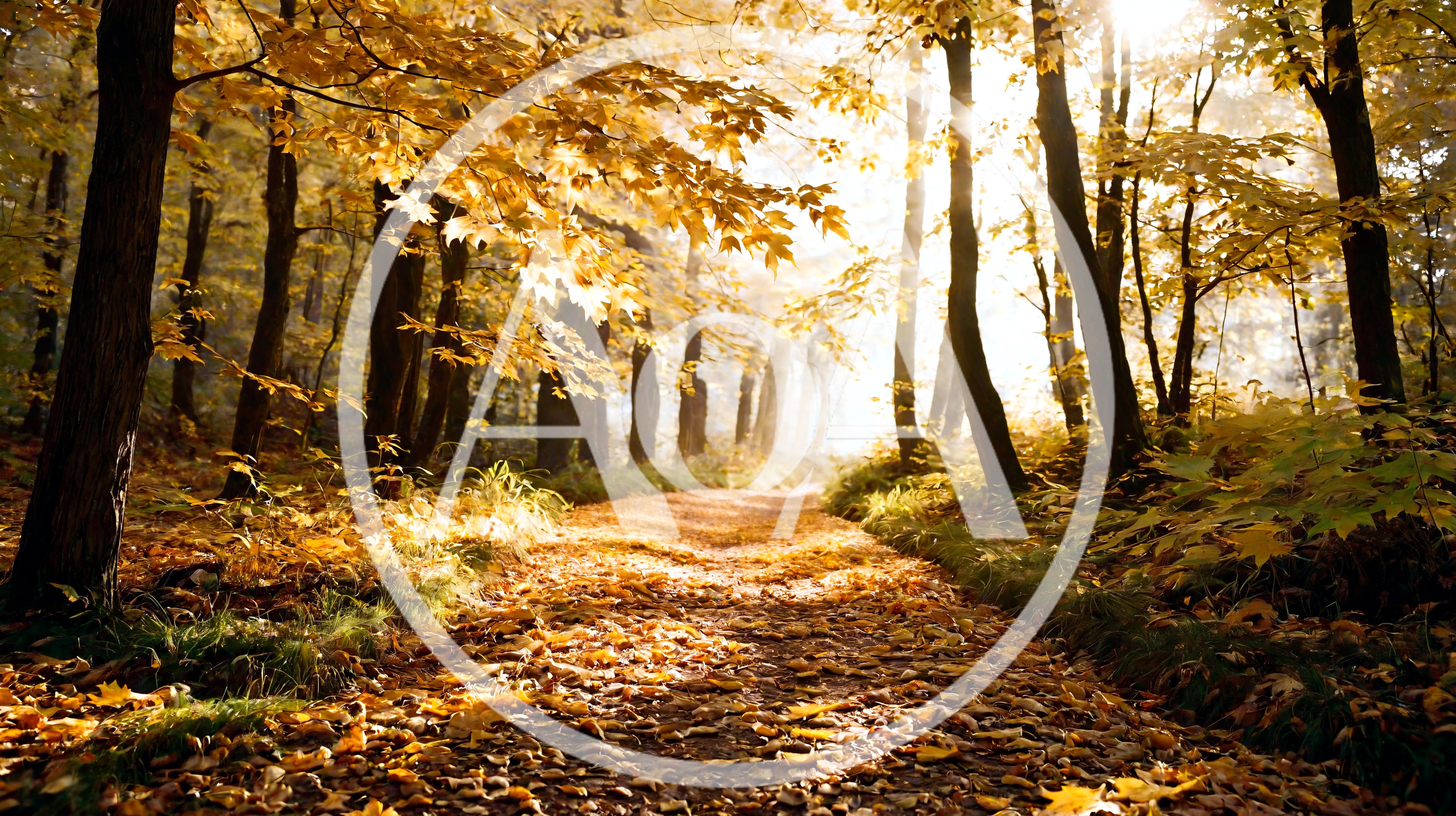 Sunlit Forest Path Covered In Golden Autumn Leaves