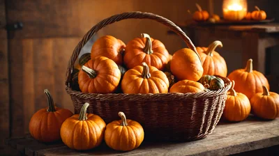 Fresh Pumpkins In A Woven Basket On Wooden Table