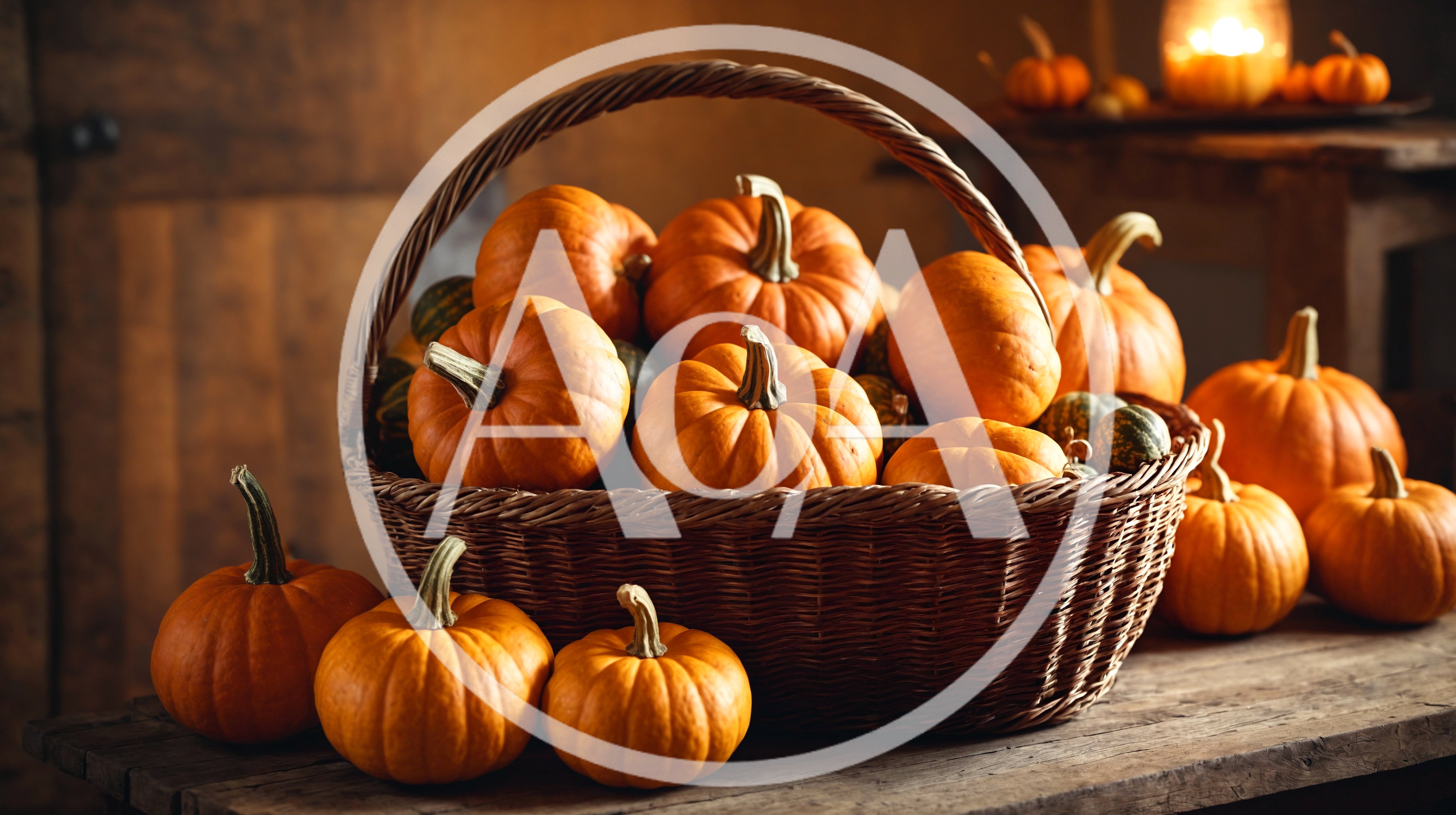 Fresh Pumpkins In A Woven Basket On Wooden Table