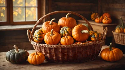 Assorted Pumpkins In A Rustic Wicker Basket