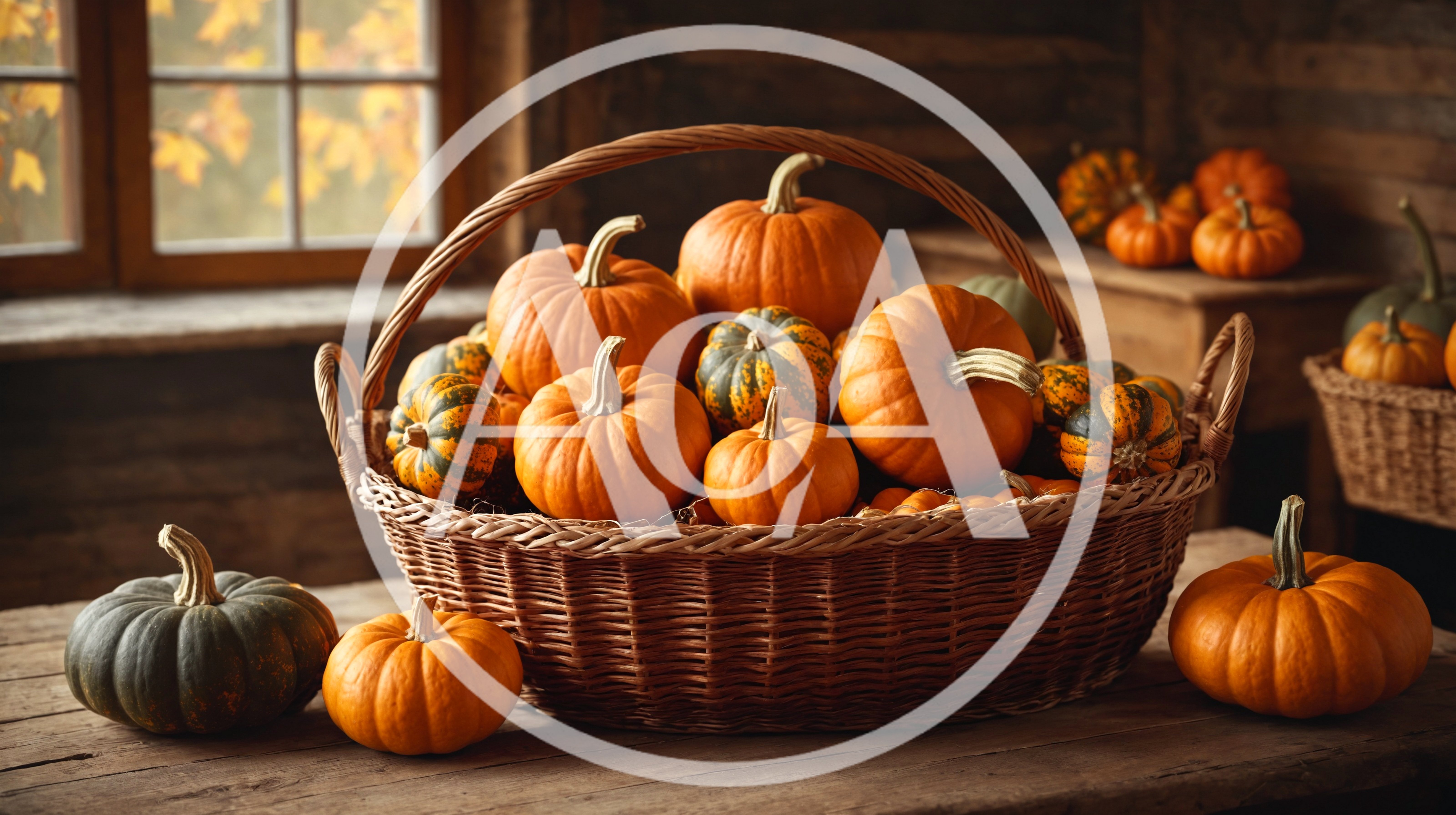 Assorted Pumpkins In A Rustic Wicker Basket