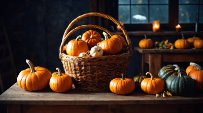 Rustic Autumn Harvest Display With Pumpkins In Wicker Basket