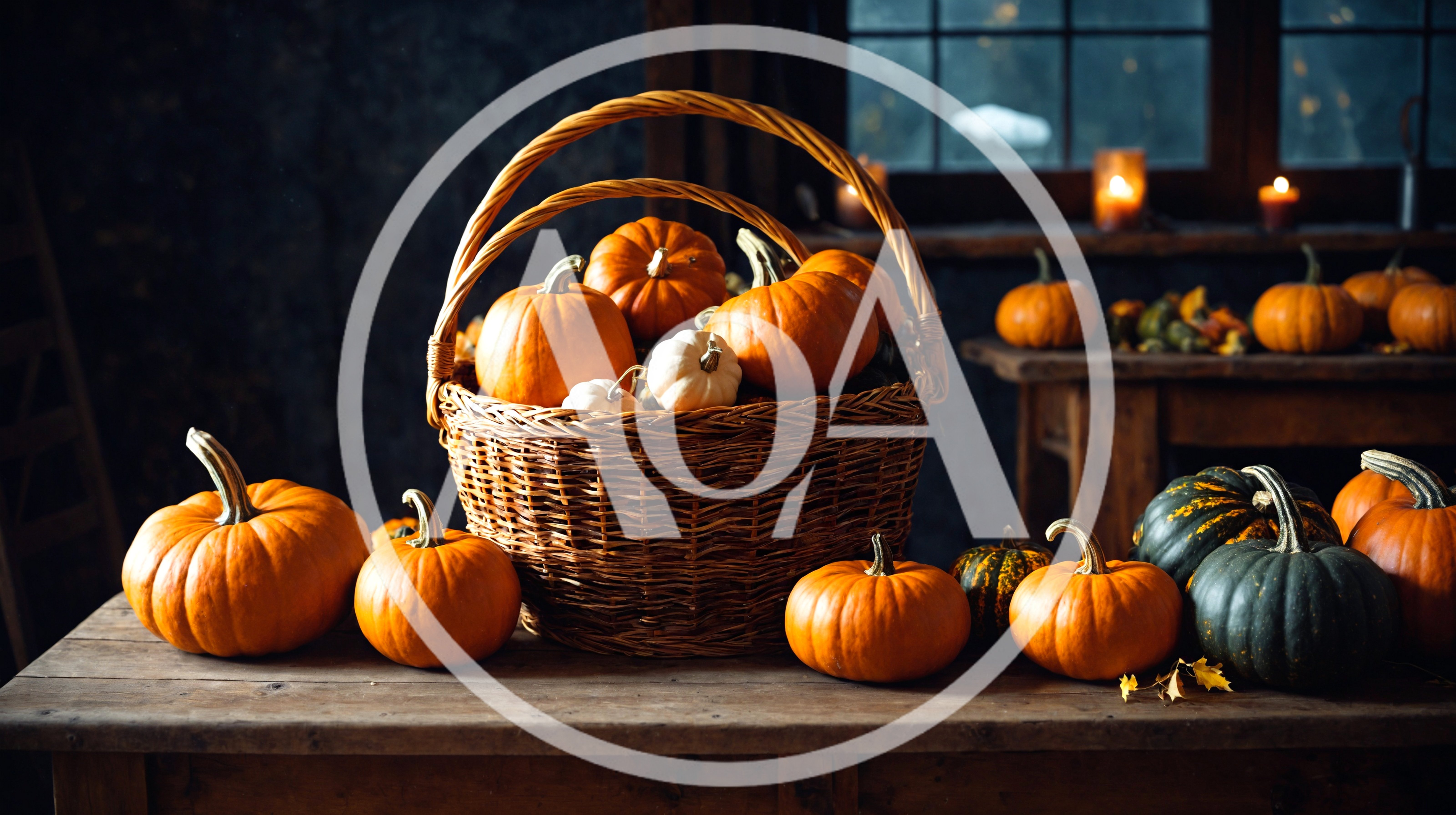 Rustic Autumn Harvest Display With Pumpkins In Wicker Basket