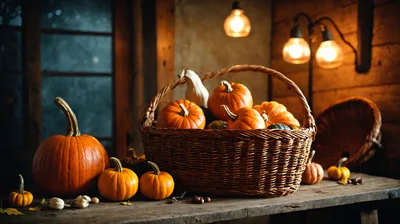 Rustic Autumn Harvest Display With Pumpkins In Wicker Basket