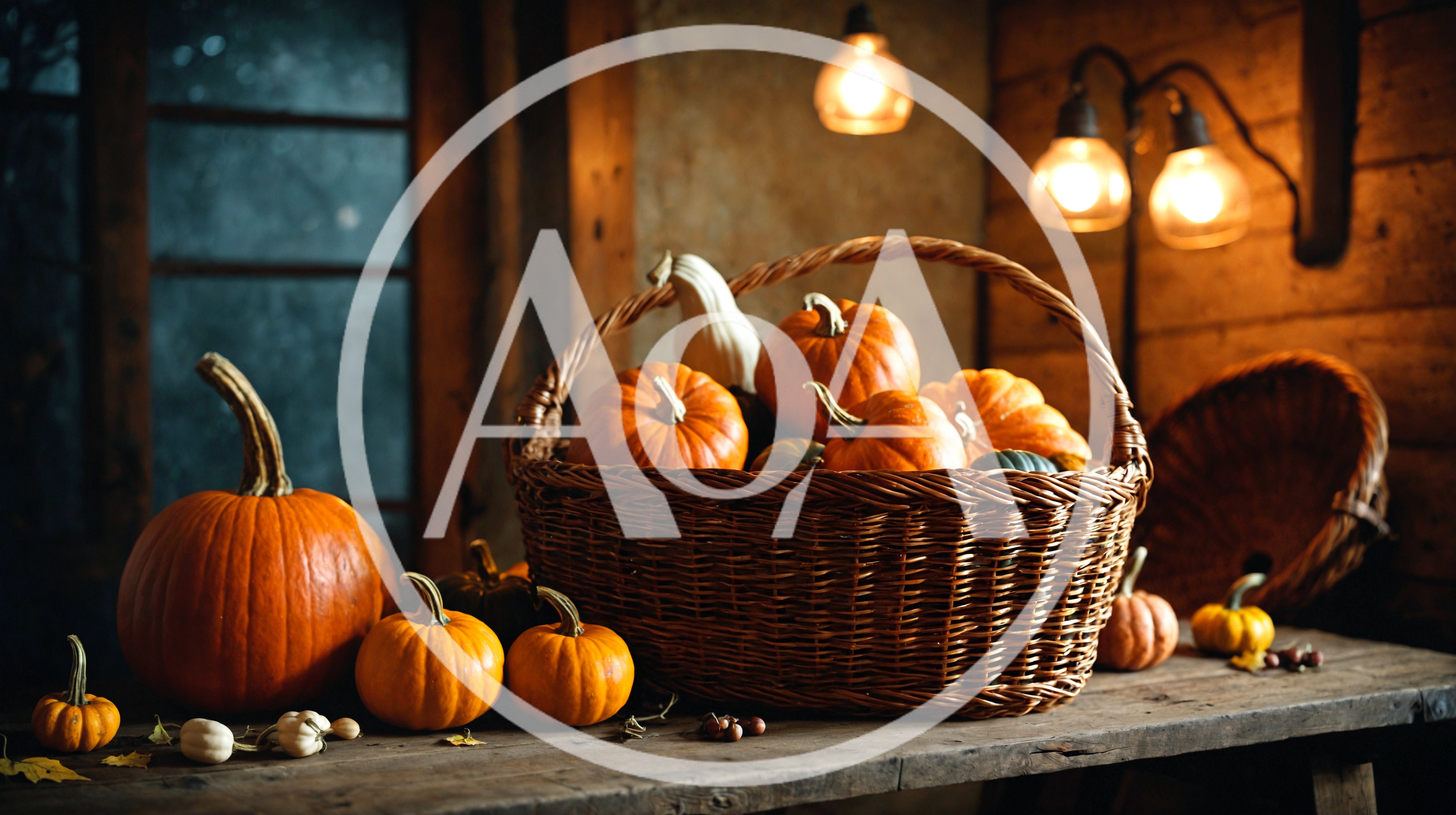 Rustic Autumn Harvest Display With Pumpkins In Wicker Basket