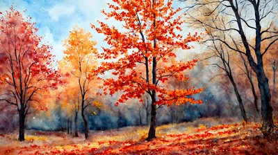 Watercolor Painting Of A Vibrant Autumn Forest Landscape