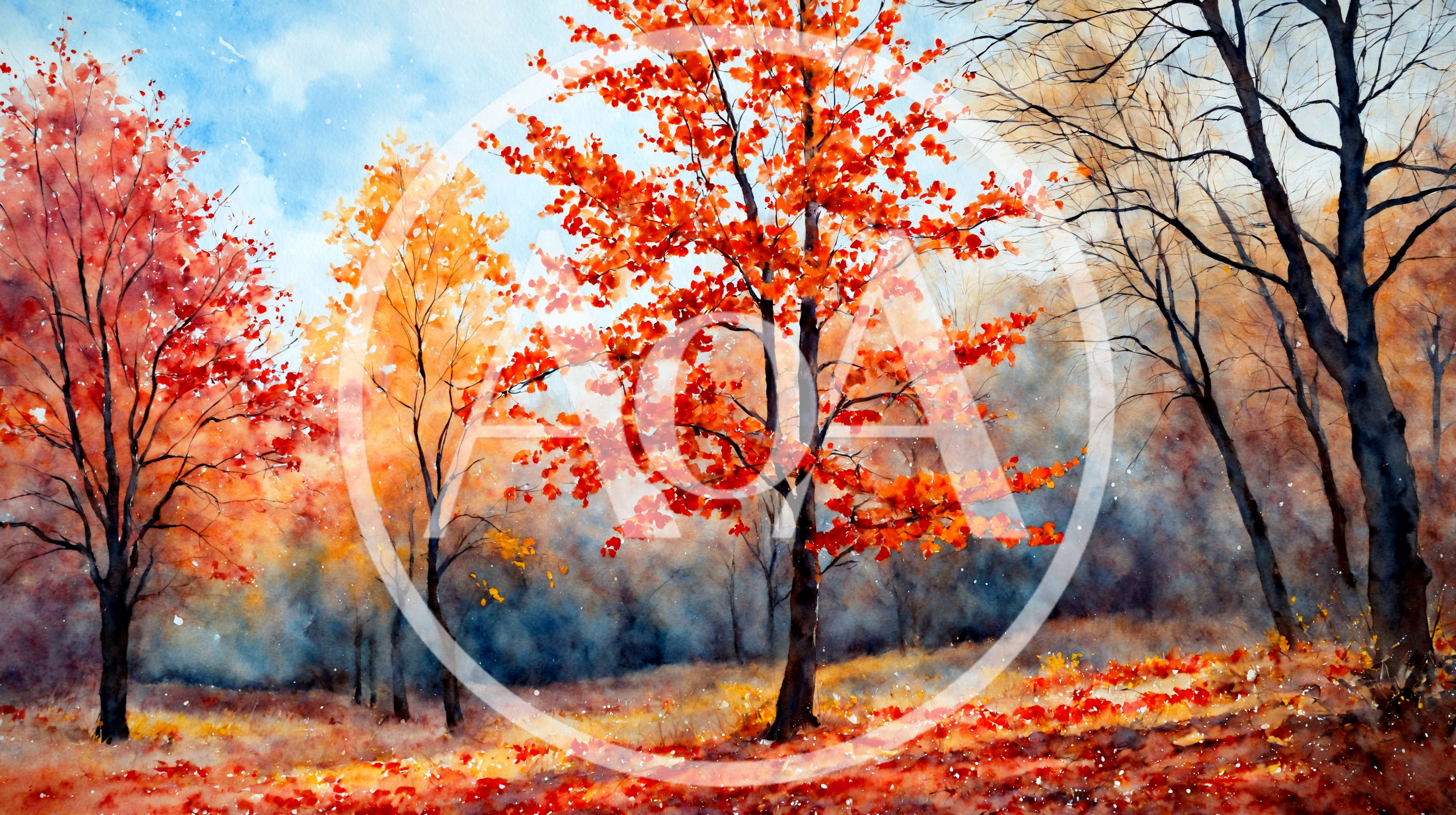 Watercolor Painting Of A Vibrant Autumn Forest Landscape