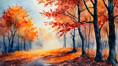 Watercolor Painting Of An Autumn Forest Landscape