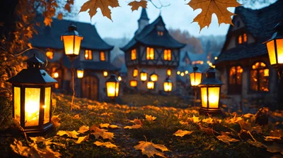 Cozy Village Street With Glowing Lanterns In Autumn