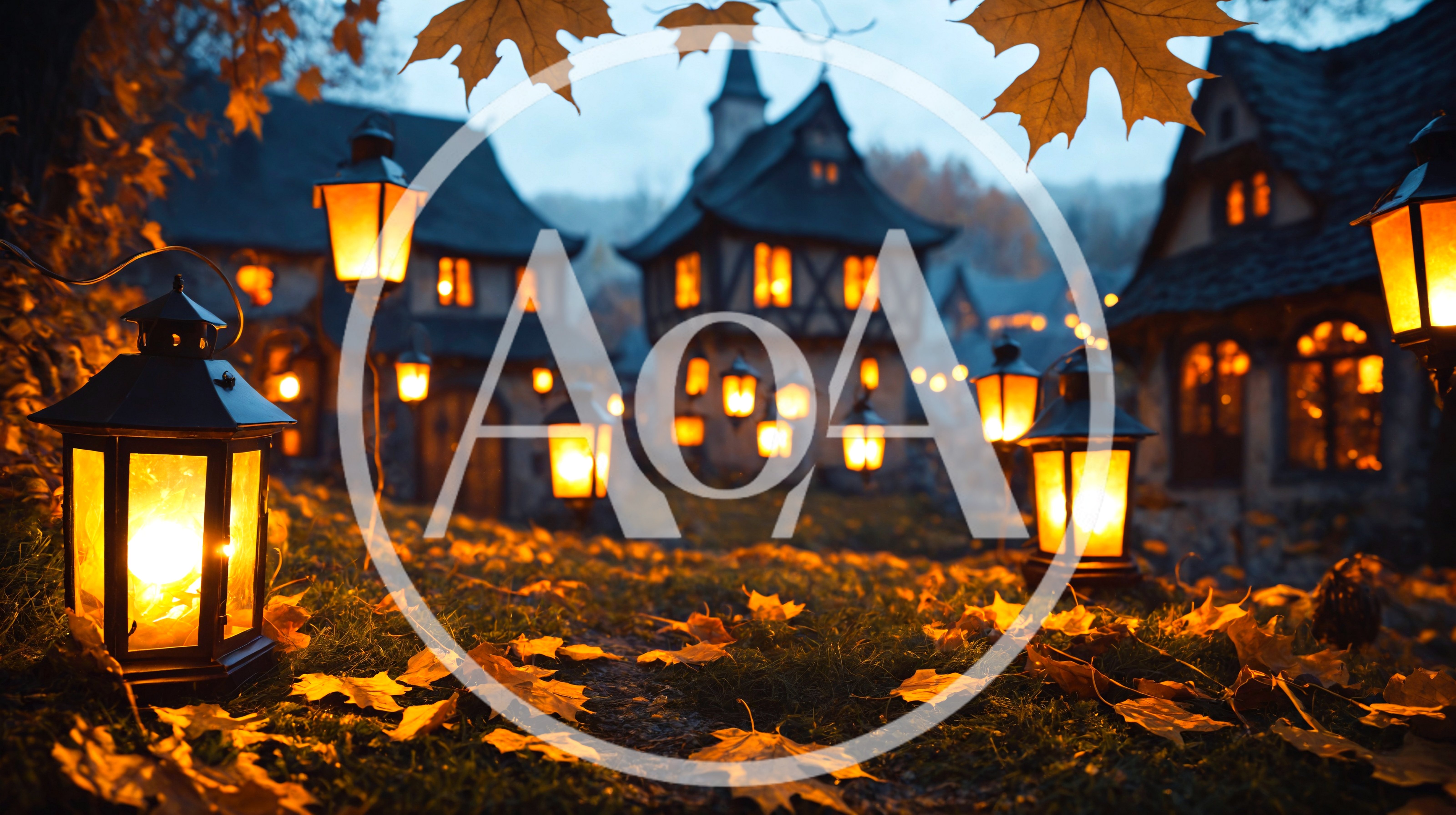 Cozy Village Street With Glowing Lanterns In Autumn