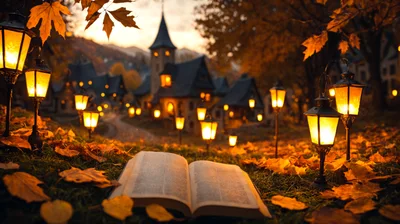 Open Book Resting On Autumn Leaves In Magical Village