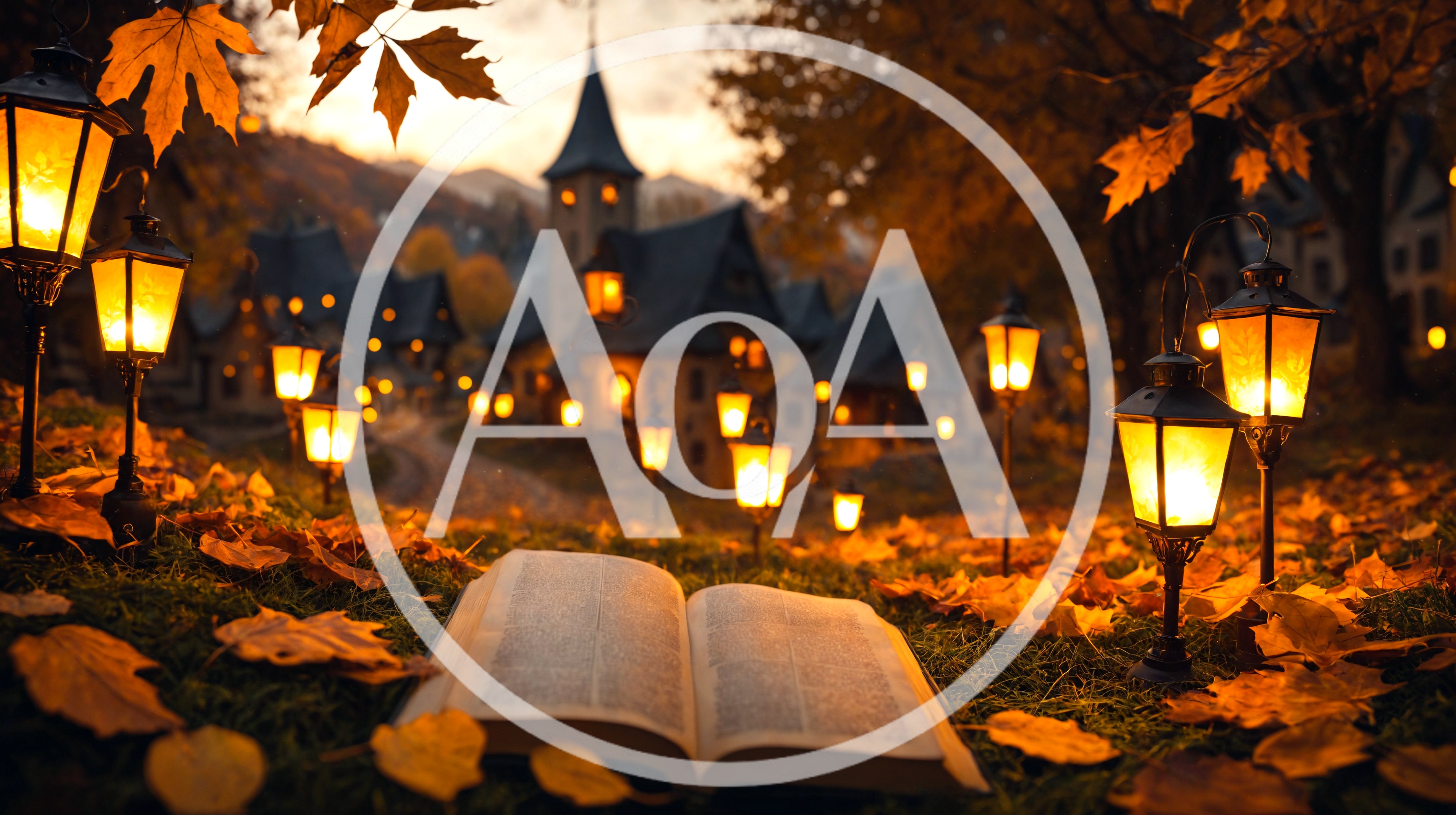 Open Book Resting On Autumn Leaves In Magical Village