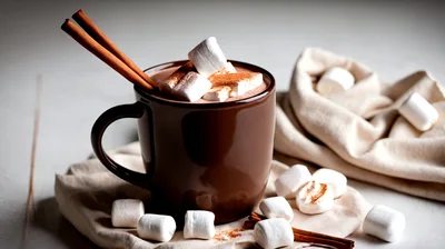Hot Chocolate Mug With Marshmallows And Cinnamon Sticks