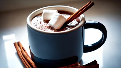Hot Chocolate Mug With Marshmallows And Cinnamon Sticks